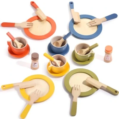 Image of GAGAKU Wooden Toy kitchen Dish Set Toddler Plates and Cutlery Accessories 26PCS Kids Role Play Gift for Age 3+ Years