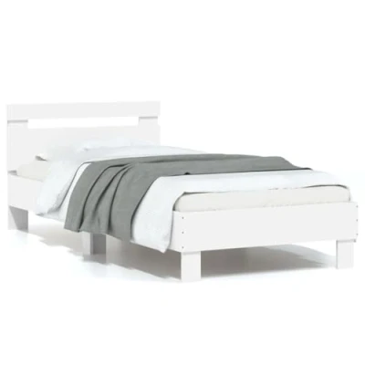 Image of vidaXL Small Single Bed Frame with Headboard and LED Lights Engineered Wood, Plywood Slats, 75x190 cm, White, Modern Bedroom Furniture