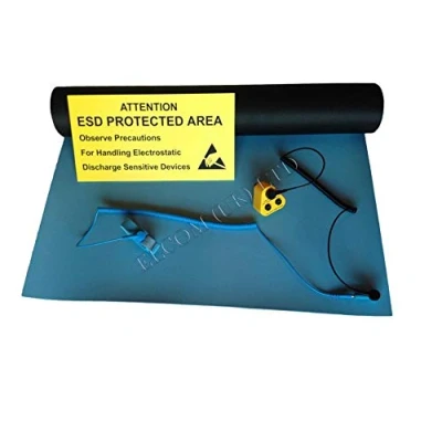 Image of EU or UK Anti Static ESD Control Workstation Mat Kit 500 x 600mm 1200mm, Blue Grey (500 600 Plug, Blue) (Smooth)