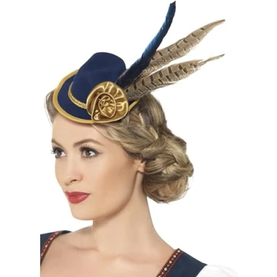 Image of Smiffys Authentic Bavarian Festival Mini Hat, Blue with Feather, Oktoberfest Fancy Dress, Adult Dress Up Hats