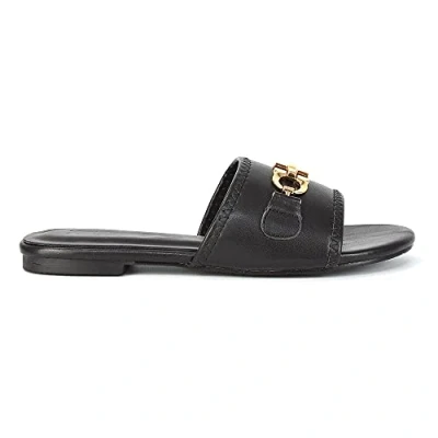 Image of ESSEX GLAM Womens Flat Sandals Ladies Buckle Peep Toe Mule Summer Casual Slider Size 3 8 Black