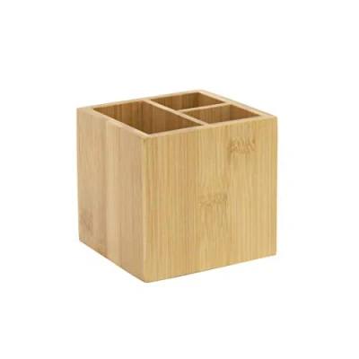 Image of OSCO Bamboo Square Pen Pot with 3 Compartments Wooden Holder for Desk Tidy Office Organiser Makeup Storage Cosmetics Display H10 x W10.5 D10.5 cm