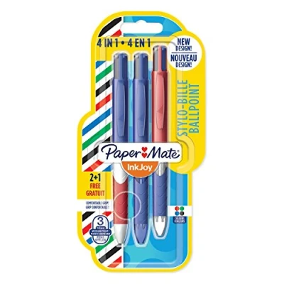 Image of Paper Mate InkJoy Quatro Retractable Ballpoint, Medium Point, Assorted Standard Colours, 2 + 1 Pack