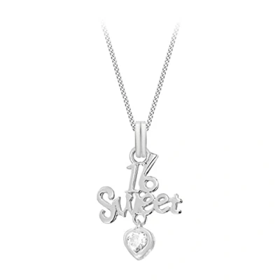 Image of Tuscany Silver Women&#039;s Sterling White Cubic Zirconia Sweet Sixteen Pendant on Adjustable Curb Chain Necklace of 41cm/16&quot; 46cm/18&quot;
