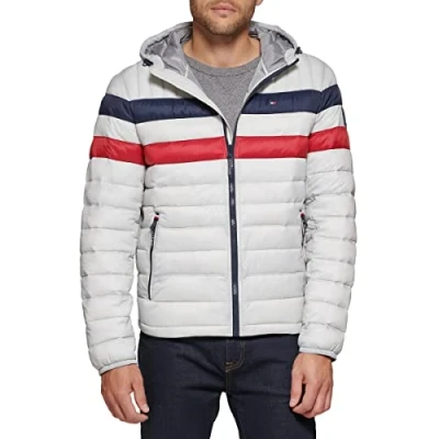 Image of Tommy Hilfiger Men&#039;s Water Resistant Ultra Loft Filled Hooded Puffer Jacket Down Alternative Coat, Ice Combo, S