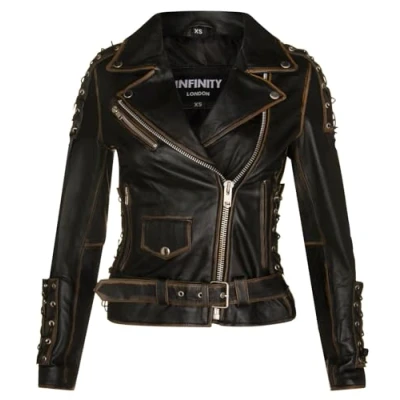 Image of Women&#039;s Black Leather Biker Brando Motorcycle Jacket