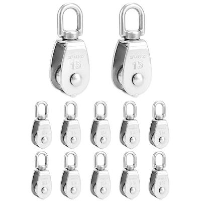 Image of QWORK® 12PCS M25 Singe Pulley Block, 304 Stainless Steel 360 Swivel Wheel Roller for Ø6mm Wire Diameter, Loading 35kg/77lbs