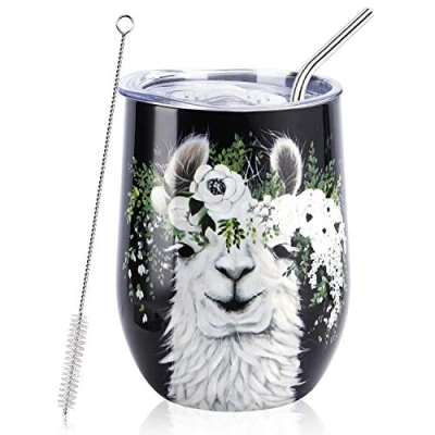 Image of NymphFable 12oz Alpaca Llama Travel Mug Insulated Coffee Wine Tumbler with Lid and Straw Stainless Steel Double Wall
