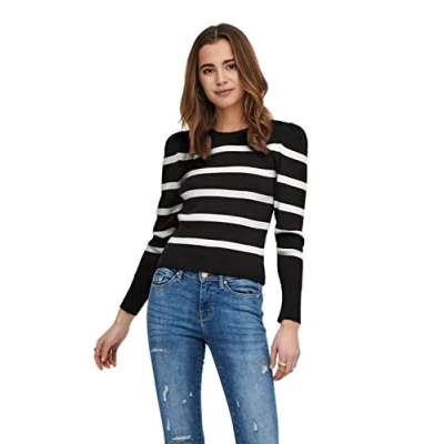 Image of ONLY Women&#039;s Onlsally L/S Puff Pullover KNT Noos Sweater, Black/Stripes: w. Cloud Dancer, S