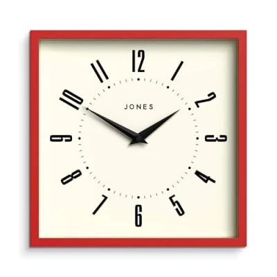 Image of Jones Clocks® Box Retro Dial Wall Clock Square Designer Colourful Case Arabic Numeral (Engine Red)