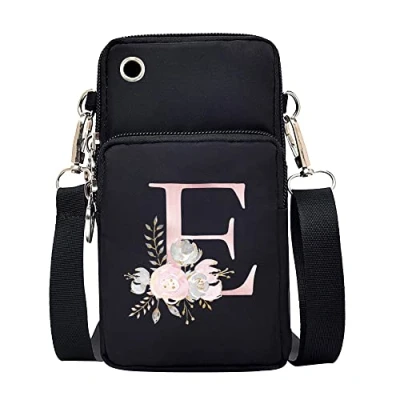 Image of FINDING CASE initial letter Printed Women Girls men Zipper Waterproof Nylon 3 Layers Crossbody Bags Wallet Cellphone Purse Shoulder Bag Wristlet Handbags Adjustable Strap (Pink Flower E)