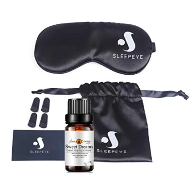Image of Sleep Mask Ear Plug Sweet Dreams Essential Oil 10ml Set Black Silk Sleeping Eye Soft Natural Cotton Filled Adjustable Strap with Travel Carry Bag