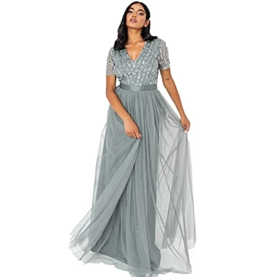 Image of Maya Deluxe Women&#039;s Maxi Dress Ladies Bridesmaid V Neck Ball Gown Short Sleeves Long Elegant Empire Waist Wedding, Misty Green, 6