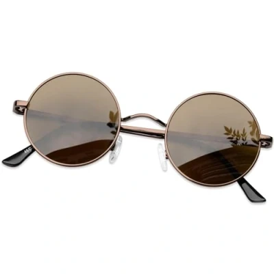 Image of KANASTAL Brown Round Sunglasses Mens Womens Polarised Small Circular Hippie Vintage Ladies Amber Glasses Retro Metal Circle Frame Lens