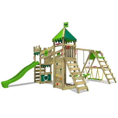 Image of FATMOOSE Wooden climbing frame RiverRun Royal XXL with SwingSurf, swing set &amp; apple green slide, Outdoor kids playhouse sandpit, ladder play accessories for the garden