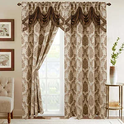 Image of Elegant Comfort Jacquard Look Curtain Panel Set with Attached Waterfall Valance, (Set of 2), 54 x 84 Inches, Beige/Brown