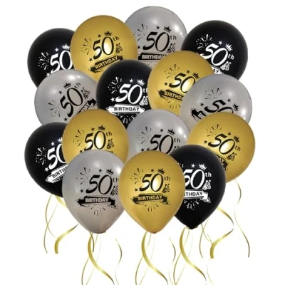 Image of Jwssor 50th Balloons,50th Birthday Balloons,15pcs Black Gold Silver Decorations for Men Women