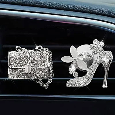 Image of 2 Pack Bling Car Air Freshener, Vent Clip Charms, Crystal Diffuser Clip, Rhinestone Oil Fresheners for Women, Accessories Womem (Shoe + Bag)