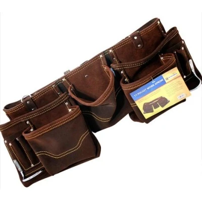 Image of New 11 Pocket Double Oil Tanned Split Leather Tool Pouch Builders Bag Belt Storage Holder Work Organiser for Builders, Carpenters, Gardeners, Electricians