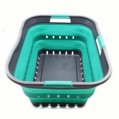 Image of SAMMART 42L Collapsible Plastic Laundry Basket Foldable Pop Up Storage Container/Organizer Space Saving Hamper/Basket (1, Grey/Turquoise Blue)
