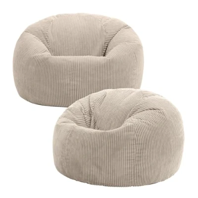 Image of icon Kingston Large Bean Bag, Set of 2, Jumbo Cord Stone Beige, Bag Chair for Adults with Filling Included, Comfortable Lounging All Ages
