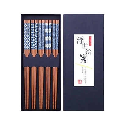 Image of HAUTOCO 5 Pairs Natural Bamboo Chopsticks Reusable Chopstick Set with Gift Box, Japanese Chinese Minimalism Style Chop Sticks, Dishwasher Safe, 22.5cm