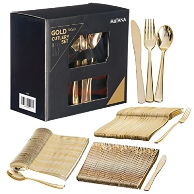 Image of MATANA 180 Elegant Gold Plastic Cutlery Set 60 Knives, Forks, Spoons Hand Washable, Reusable &amp; Heavy Duty Tableware for Weddings, Birthday, Parties Events