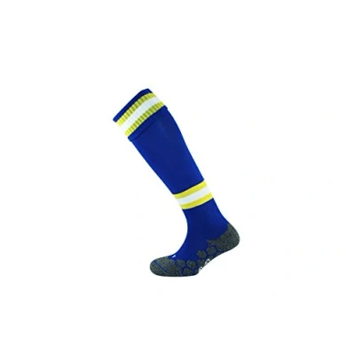 Image of Mitre Junior Division Tech Football Socks Long Sport Sock Lightweight Breathable Mesh, Royal Blue/Yellow/White, Mini (12 UK Child 2 UK)