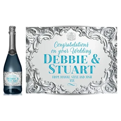 Image of TigerMill Publishing Personalised Silver Effect Champagne Labels for Any Occasion or Event, Birthday, Wedding, Engagement, Anniversary, Hen Night, Christmas etc (Silver/Blue Type)