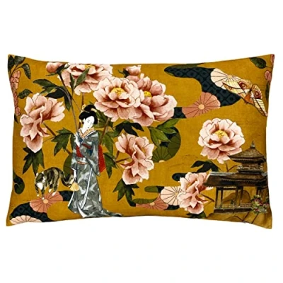 Image of Paoletti Geisha Floral Feather Filled Cushion Yellow Polycotton One Size