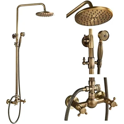 Image of NeierThodore Antique Brass Bathroom Shower Faucet System Set 8 Inch Rainfall Head Handheld Spray 2 Knobs Mixing
