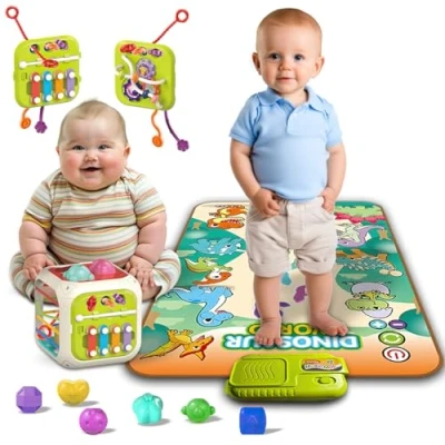 Image of xwin sportseries 8PCS Baby Musical Dinosaur Mat &amp; Sensory Shape Sorting Cube Play Set Educational Toy for Toddlers Ages 6+Months Interactive Touch Activated with Sound Light Development