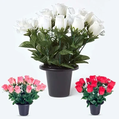 Image of HOMESCAPES Set of 3 Artificial Grave Vases Red Pink and White Rose &amp; Gypsophila Faux Flowers in Black Pot, 30 cm