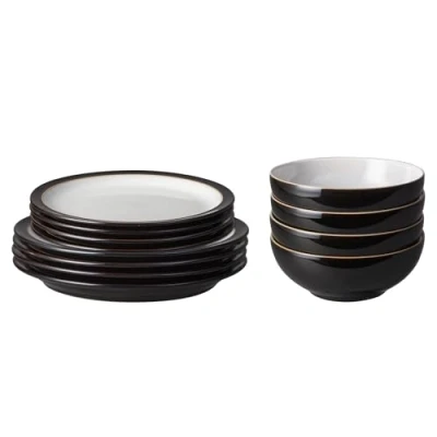 Image of Denby Elements Black Dinner Set For 4 12 Piece Ceramic Tableware Dishwasher Microwave Safe Crockery x Plates, Medium Cereal Bowls