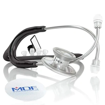 Image of MDF Acoustica Lightweight Stethoscope for Doctors, Nurses, Students, Home Health Use, Adult, Dual Head, Black Tube, Silver Chestpiece Headset, MDF747XP11