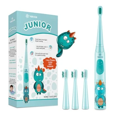 Image of Vekkia Sonic Rechargeable Kids Electric Toothbrush, 3 Modes with Memory, Fun &amp; Easy Cleaning, 24000 Strokes, IPX7 Waterproof, 2 Min Timer for Age 5+, 4 Soft Bristles(Blue)