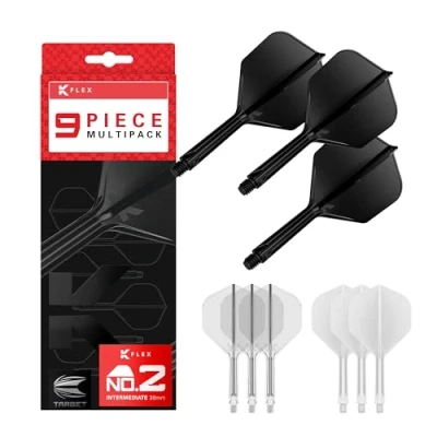 Image of TARGET Darts K Flex Integrated Dart Flights and Shafts, Intermediate Stem (26mm), No.2 Flight, 9 pack Bundle, Black, White &amp; Clear