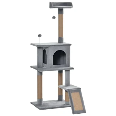 Image of PawHut Cat Tree Tower 142cm Climbing Kitten Activity Center with Jute Scratching Post Board Perch Roomy Condo Removable Felt Hanging Toy, Grey