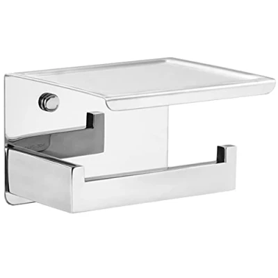 Image of HITSLAM Chrome Toilet Roll Holder with Phone Self, Self Adhesive Paper for Bathroom, SUS 304 Stainless Steel, Two Installation of 3M and Wall Mounted