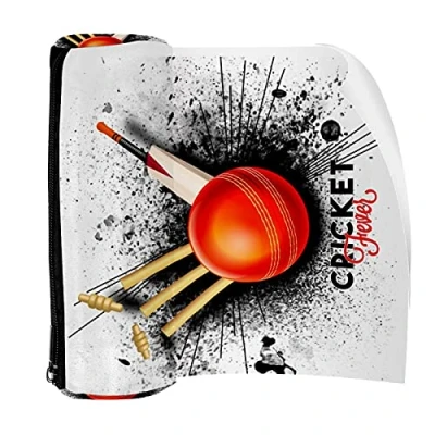Image of Pencil Case Cricket Hitting Wicket Stumps with Bat Black Splash Background Pouch Bag Pen Zipper for Stationery Travel School Student Supplies