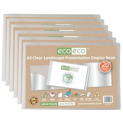 Image of eco A3 50% Recycled 20 Pocket Clear Landscape Presentation Display Book, Storage Case Portfolio Art Folder with Plastic Sleeves, Pack of 6, eco176x6