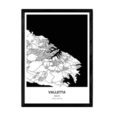 Image of Nacnic Poster with map of Valletta Malta. Sheets cities in Europe seas and rivers black color. A3 size