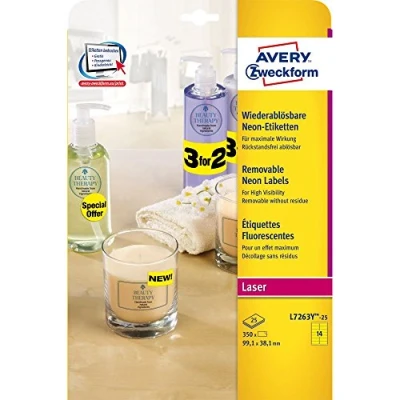 Image of Avery Zweckform L7263R 25 neon Labels 350 Stück, 99,1 x 38,1 mm Yellow