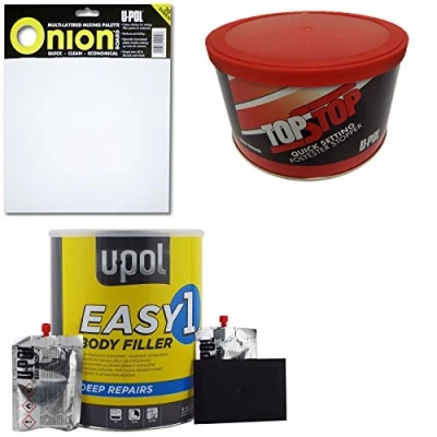 Image of Easy One U Pol Car Body Polyester Filler 3L &amp; Top Stop Smooth Finishing Stopper 750ml Onion Mixing Board Simply Tear off