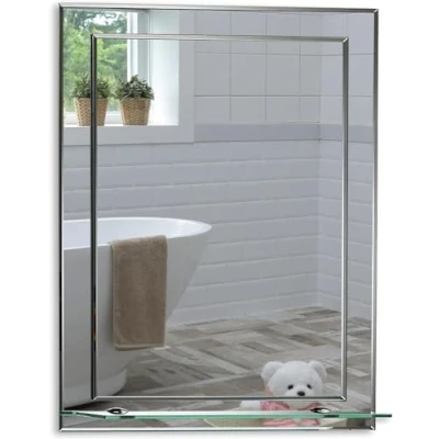 Image of Neue Design Mood Rectangular Bathroom Mirror with Shelf, Wall Mounted, Frameless Modern &amp; Stylish Contemporary Bevelled Edges (70cm x 50cm)