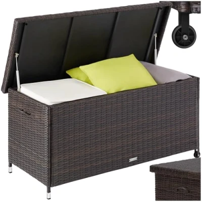 Image of TecTake® Garden Storage Box, Lockable, UV Resistant Poly Rattan Weave, Powder Coated Steel Frame, Gas Pressure Springs, Removable Inner Pocket, Plastic Caps, Easy Assembly, Waterproof, 270L brown