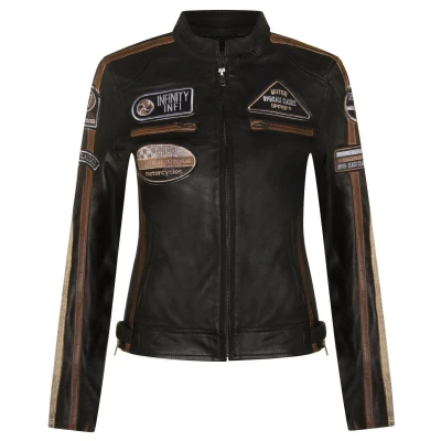Image of Infinity Leather Womens Biker Racing Badges Jacket Agadir Black Size 8 UK
