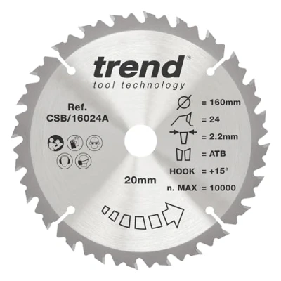 Image of Trend Wood Circular Saw Blade, 160mm Diameter, 20mm Bore, 24 Teeth, TCT, 2.2mm Kerf, +5 Hook, CSB/16024A