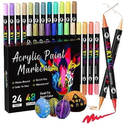 Image of Patamiyar Acrylic Paint Pens for Rock Painting, 48Colours Dual Tip Markers Water based Stone,Glass,Ceramic,Canvas,Paper,Wood