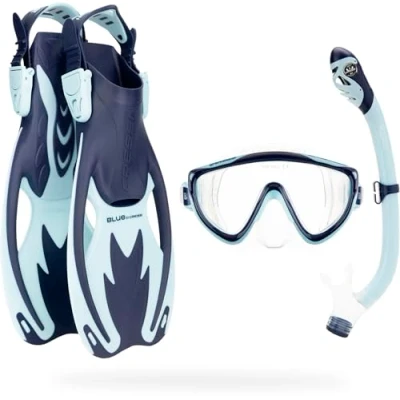 Image of CRESSI Tinetto Rocks Dry Set Blue Navy/Ice Cyan S/M Kids Snorkeling Short Adjustable Fins, Silicone Mask, and Snorkel, Cyan,